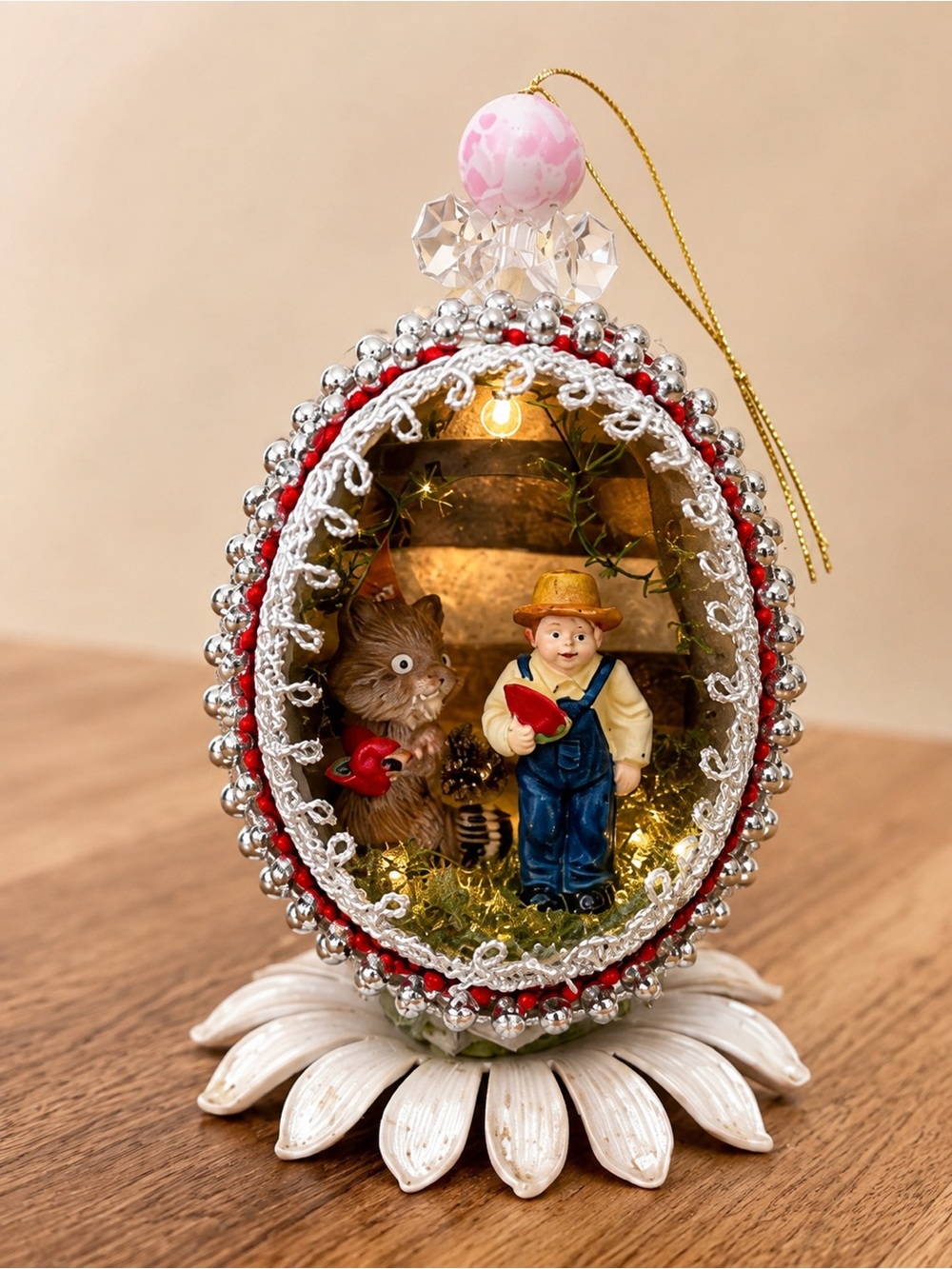 Handmade Christmas Egg Diorama Ornament Vintage Beaded Folk Art